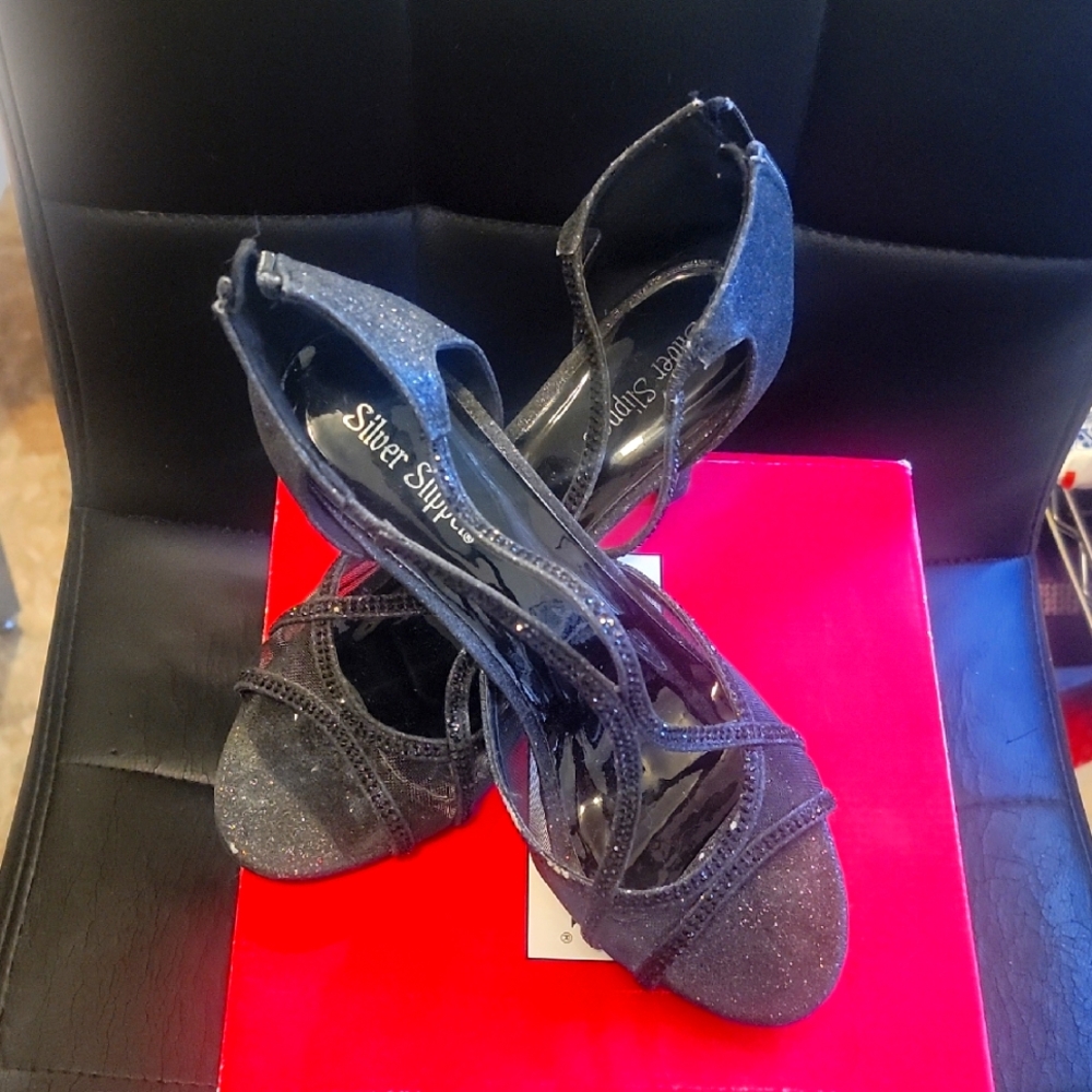 Black Glitter Women's Open Toe 3 Inch Heels By SILVER SLIPPER